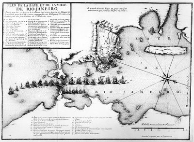 Plan der Bucht und Stadt Rio de Janeiro und die Disposition der französischen und portugiesischen Seestreitkräfte während des französischen Angriffs unter Duguay-Trouin im Jahr 1711, ca. 1730 von Antoine Coquart